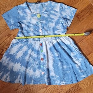 Lazy Oaf dress blue side pockets ML white tie dye baby doll fruit flowers